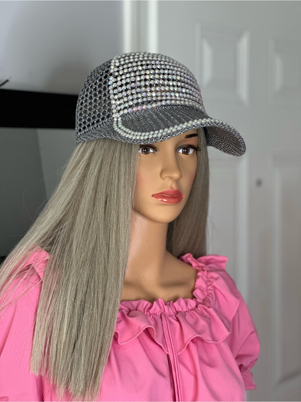 REVOLVE Silver Rhinestone Mesh Baseball Cap